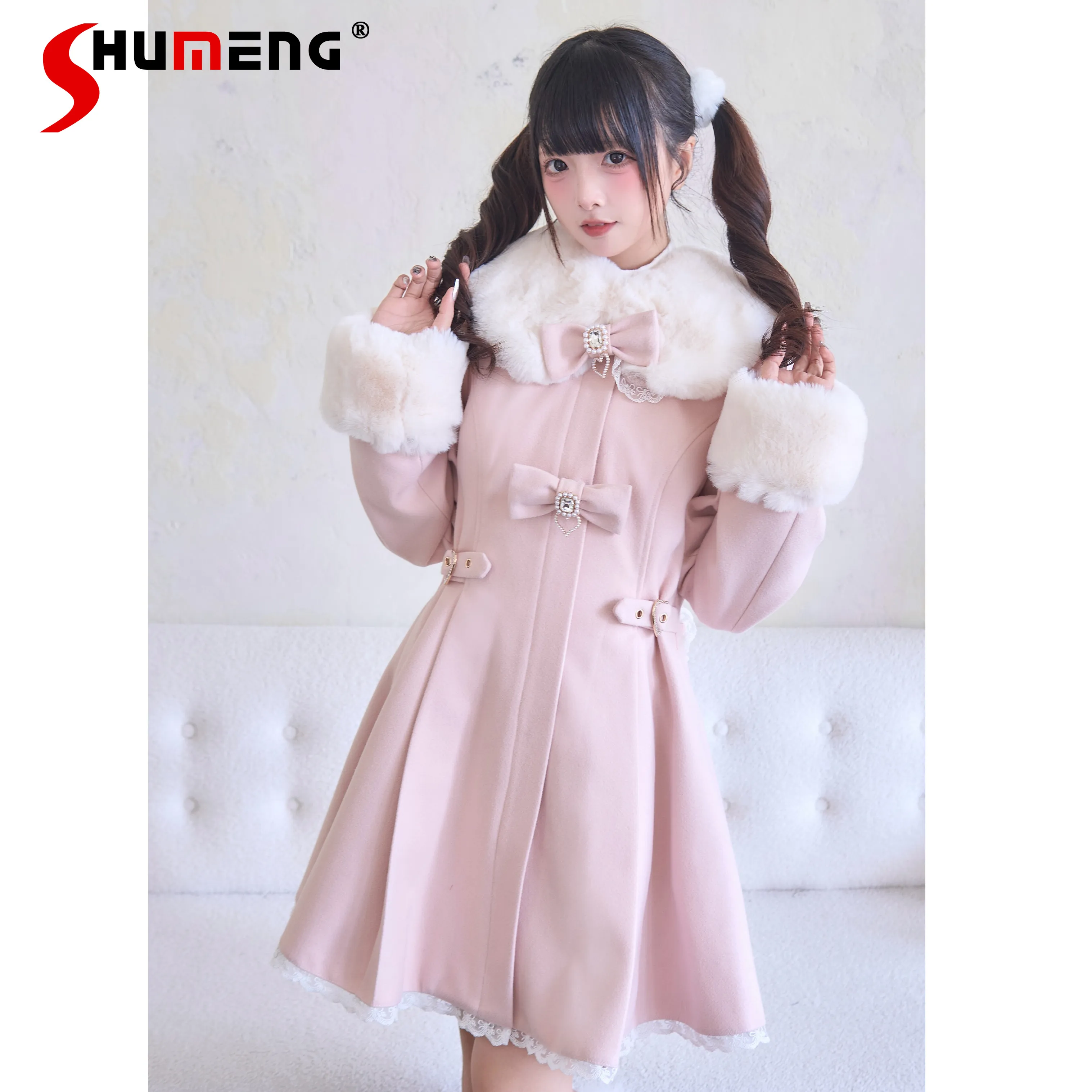 

Japanese Mine Series Mass Production Pink Lolita Mid-length Wool Coat Cute Bow Women's Slim Winter Single-breasted Woolen Jacket