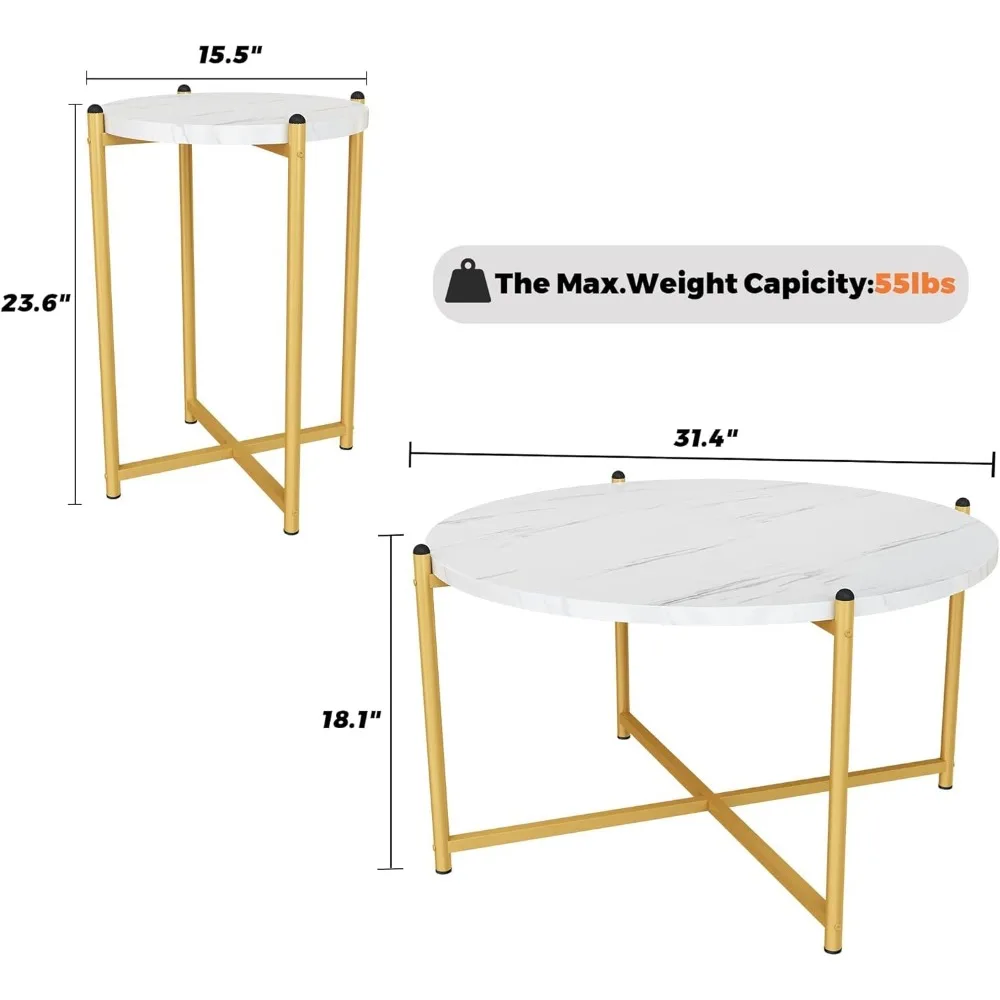Faux Marble Coffee Table Set - 3 Piece, Including 1 Coffee Table and 2 Sofa Tables, Round Tops with Metal Cross Bases, Ideal for