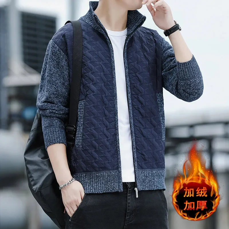 

Stand-up Collar Sweater Jacket Versatile Velvet Zipper Cardigan Sweater Autumn and Winter New Men's Casual