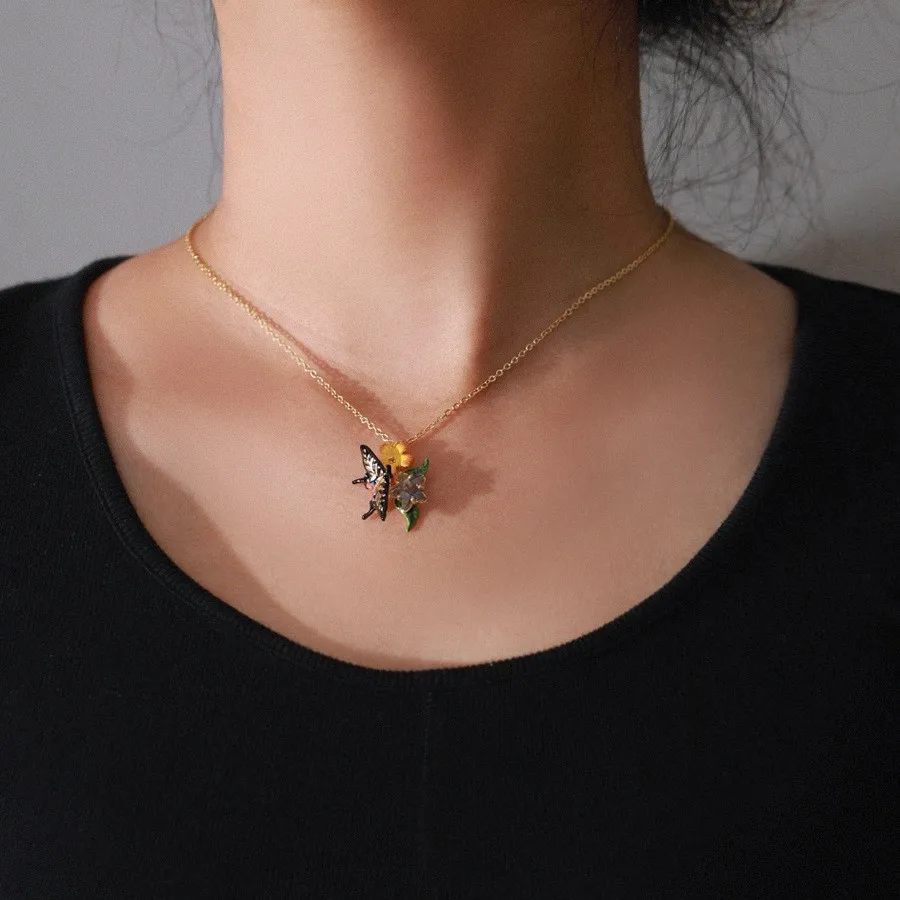 Fashion Trends Sweet and Fresh Eggplant Dream Mo Language Series  Enamel Craft Yellow Jasmine Butterfly and Star Necklace