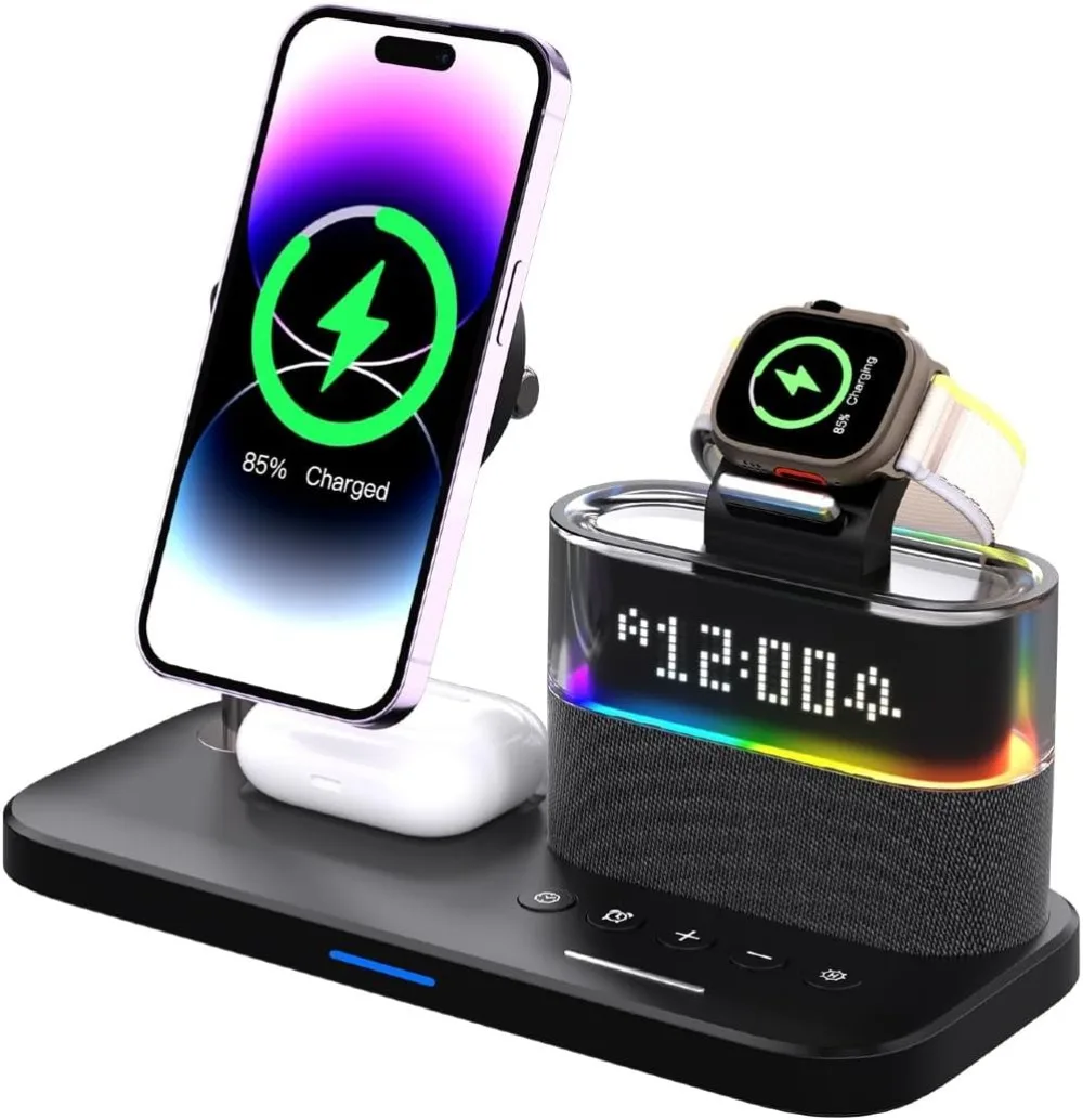 

Qi2 5 In 1 Magnetic Wireless Charger Stand LED Night Light Alarm Clock for Samsung iPhone IWatch Airpods Fast Charging Station