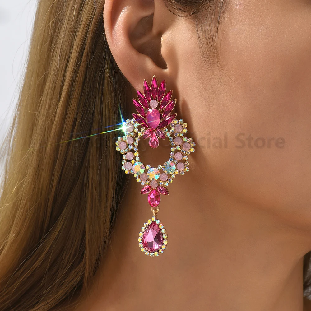 Bohemian Geometric Full Rhinestone Drop Dangle Earrings For Women Trend Luxury Chandelier Ear Accessories Party Vintage Jewelry