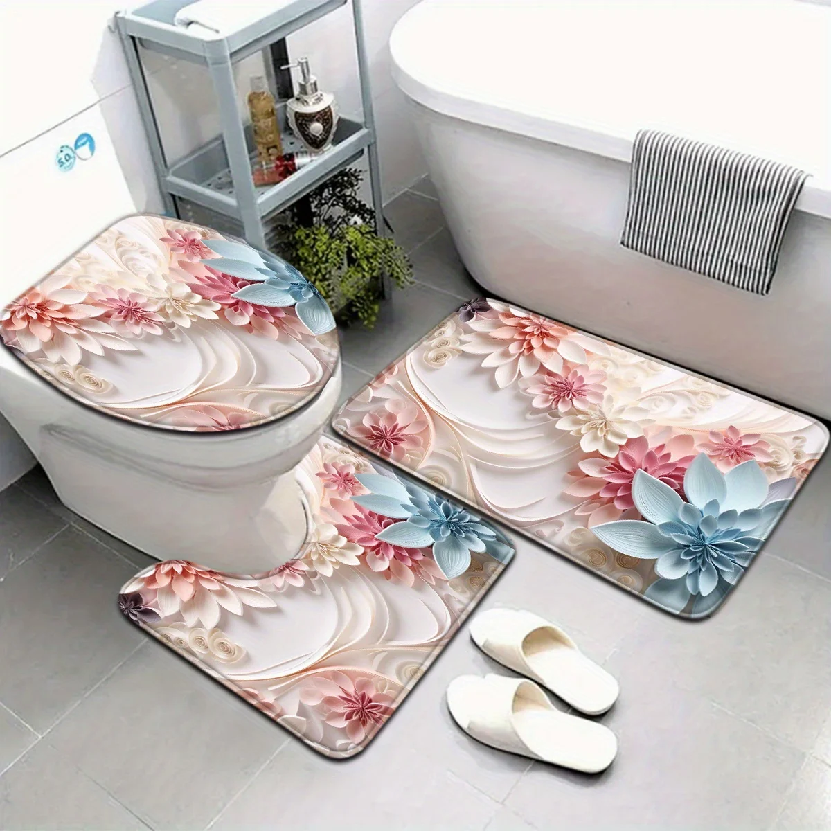 

Открытая серия 3PCS2D Print Свежий и красивый цветочный узор Набор ковриков для ванной комнаты Кольцо на сиденье унитаза U-образная подставка для ног