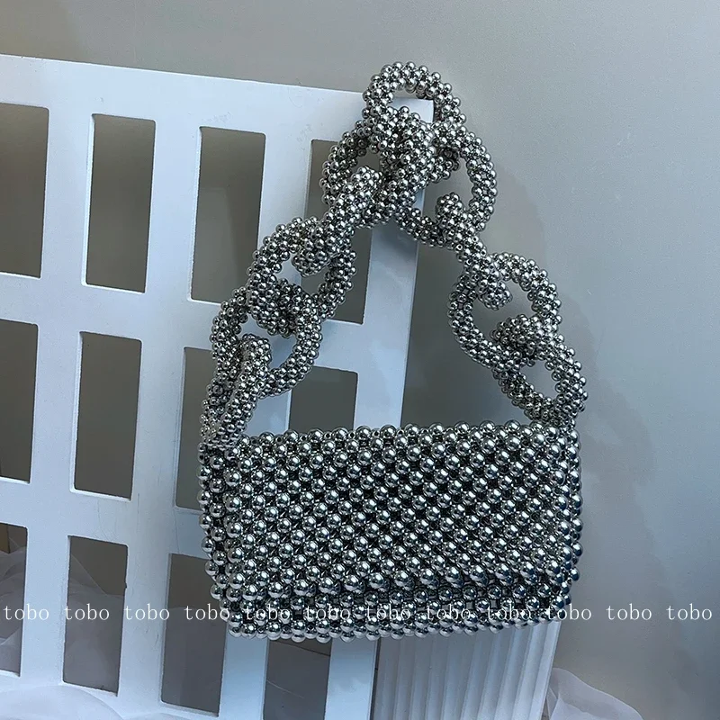 Luxury Silver Beaded Woven Women\'s Handbags 2023 Trend Bead Circle Chain Handle Flip Pockets Versatile Envelope Bags for Women