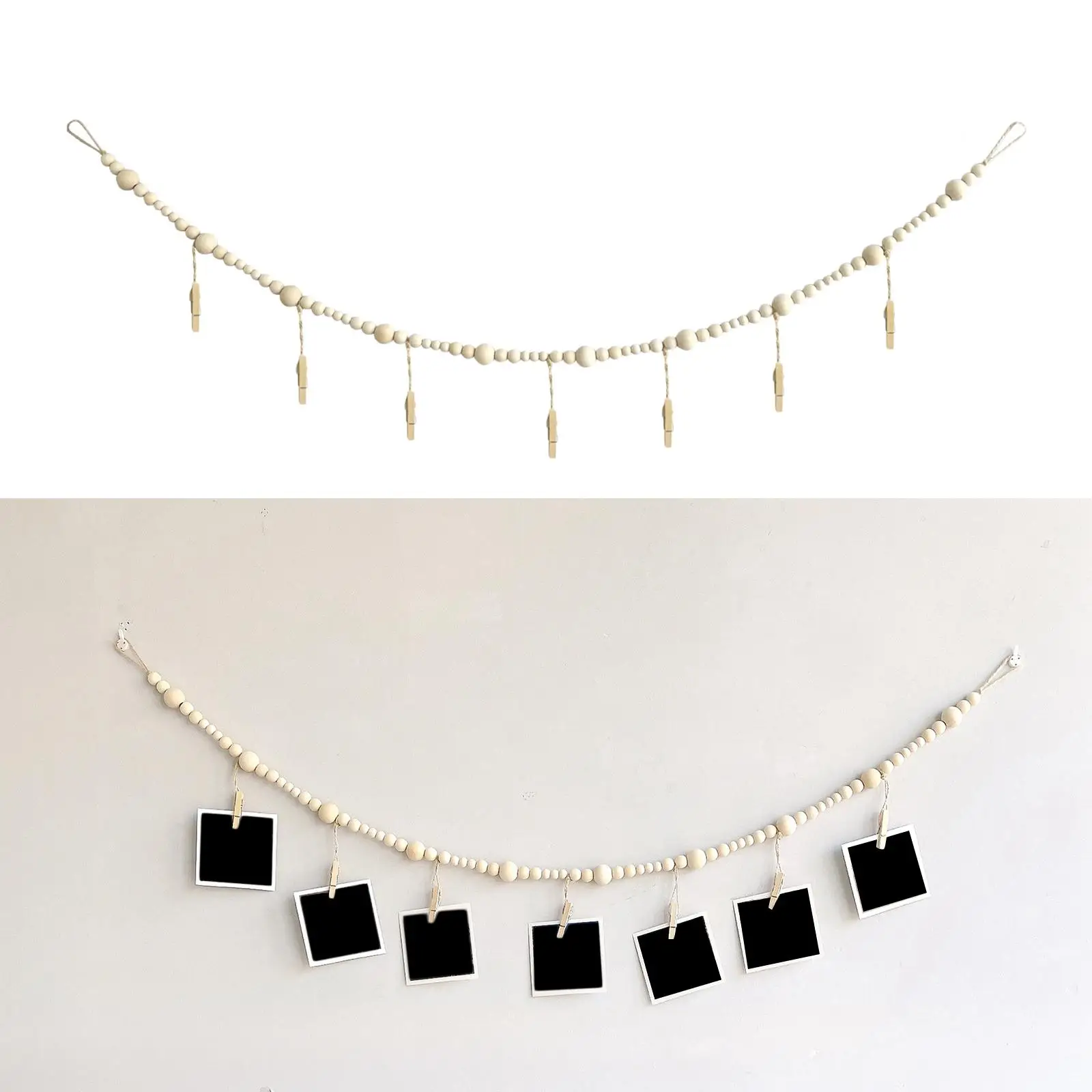 Boho Wooden Picture Frame Hanger with Clips for Wall Photos Display Living Room Bedroom Gift
