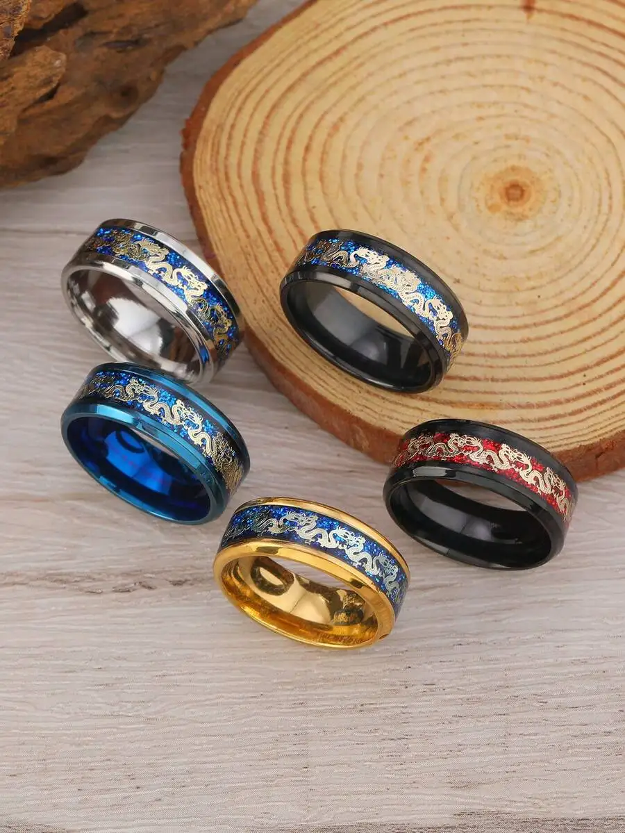 

5pcs Chinese Dragon Pattern Mens Stainless Steel Ring Set Hypoallergenic Fashion Jewelry For Daily Wear