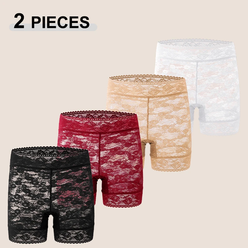 2Pcs/Set Solid Color Lace Boyshorts For Women Sexy Floral High Waist Transparents Underpants Female Soft Breathable Boxers Short