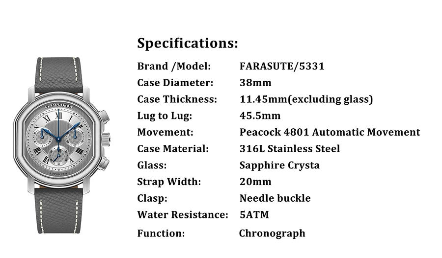 FARASUTE Men Automatic Watch 38mm Chronograph Luxury Retro Mechanical Wristwatch Sapphire 30M Waterproof 3 Windows Peacock 4801