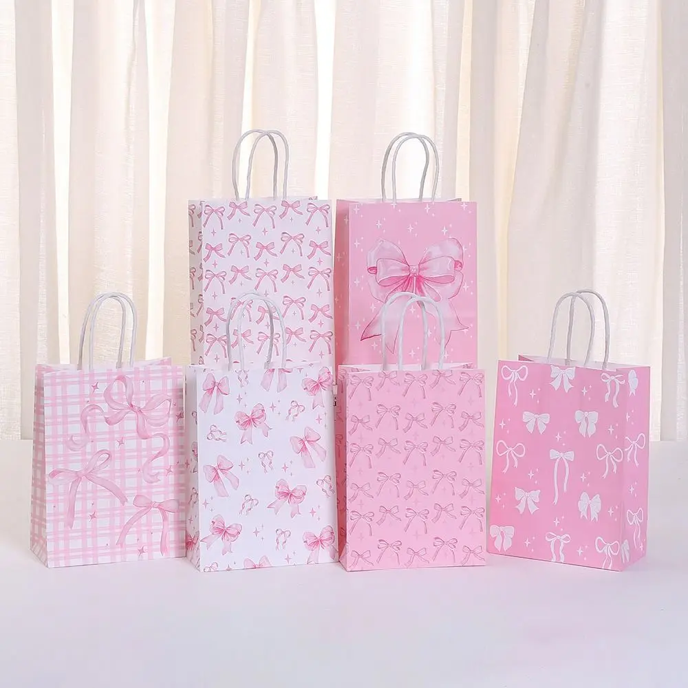 

12Pcs Durable Sweet Gift Packing Bag Pink Bow Portable Present Wrap Bag Paper Convenient Candy Cookie Bags Kids Birthday Party