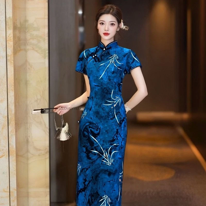 Long Cheongsam Maxi Dress Youthful Summer New Chinese Style Side  Buttons Green Casual Wear Print Women Vintage Sexy Dress