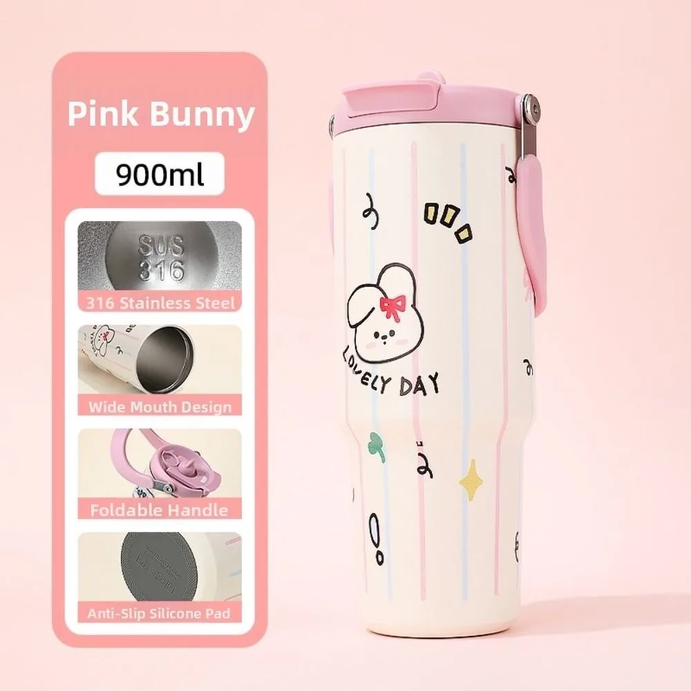 

Convenient 900ML Straw Insulated Cup Stainless Steel Insulation Straw Cartoon Water Bottle Cute Kawaii Straw Ton Cup Children