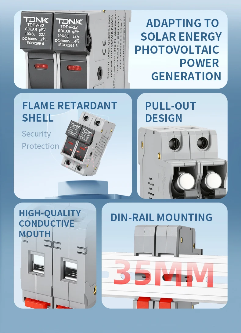 TDNK 2P DC1000V 32A Solar-PV-Sicherungshalter mit 2 Stück 10×38mm PV-Sicherungen, LED-Anzeige, DIN-Schienenmontage – Detail 2