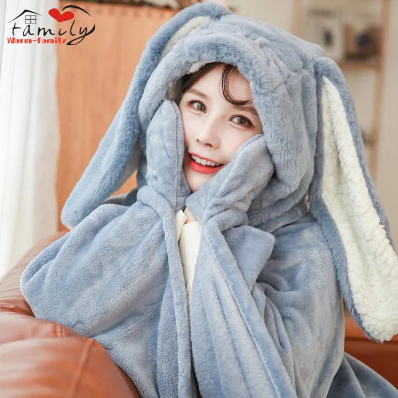 

Winter Warm Wearable Cute Blanket Comfortable Fleece Hooded Cloak Rabbit Ear Thickened Hooded Cloak Blankets for Picnic Travel