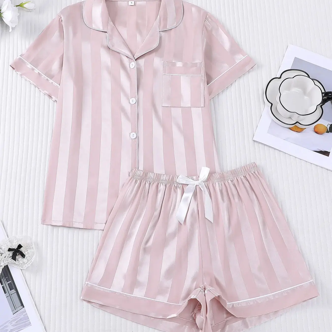 

Ins style light luxury satin sleepwear women's short sleeved shorts striped casual home wear can be worn outside