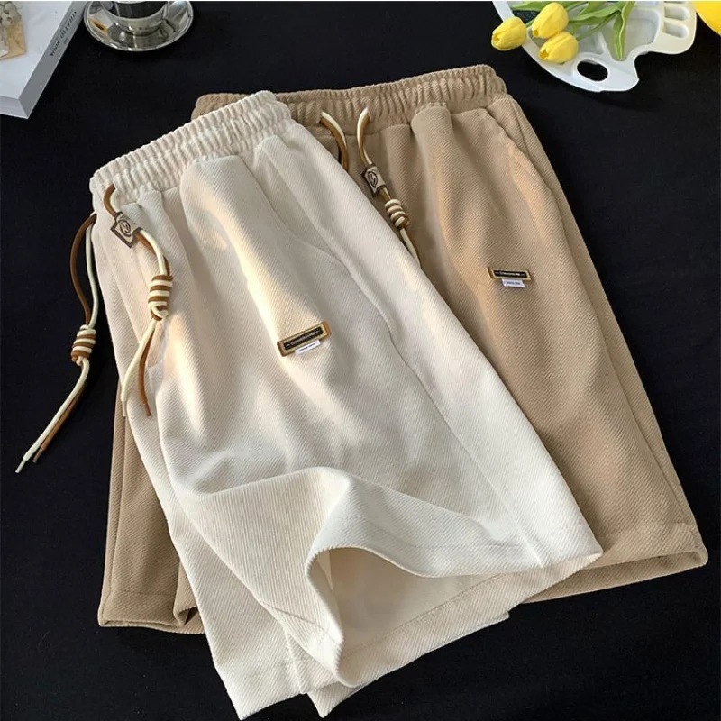 Men's Casual Shorts Fashion Thin Loose Fit Summer Running Sports Shorts Solid Color Elastic Waist Wide Leg 5 Points Shorts