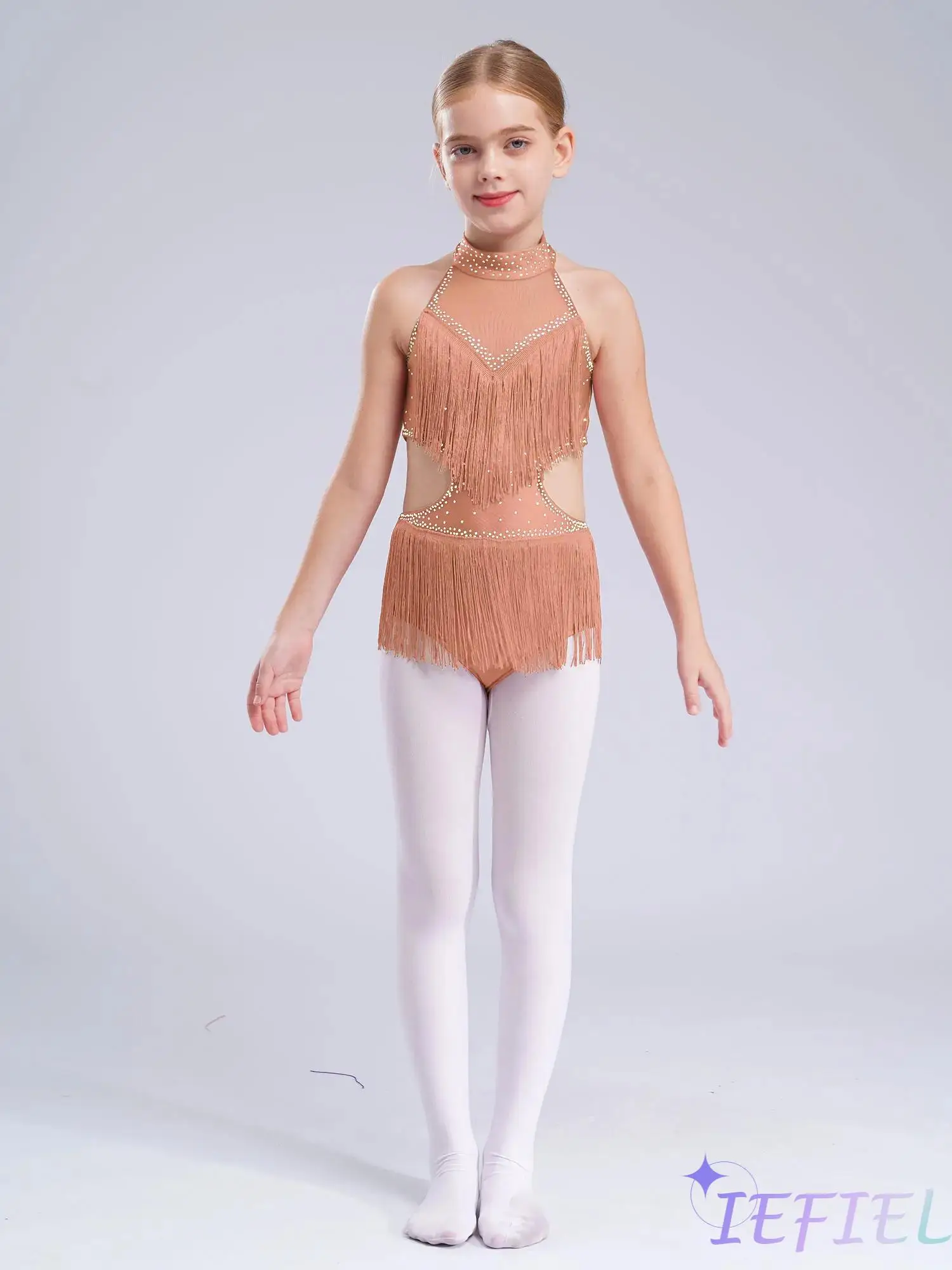 

Girls Tassels Latin Dance Costume Cutout Backless Sleeveless Shiny Rhinestones Fringed Leotard for Stage Perfomance Jazz Salsa