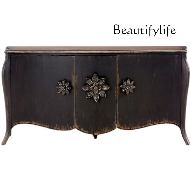 

French American country light luxury solid wood dining side cabinet living room storage antique and old foyer entrance platform