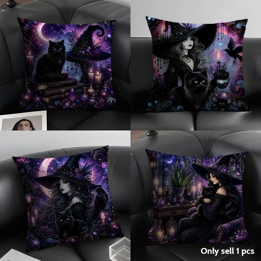 Beautiful Witch and Black Cat Cushion Cover Natural Linen Organic Fabric Double Sided Print Sofa Pillow Case Home Decor Gift