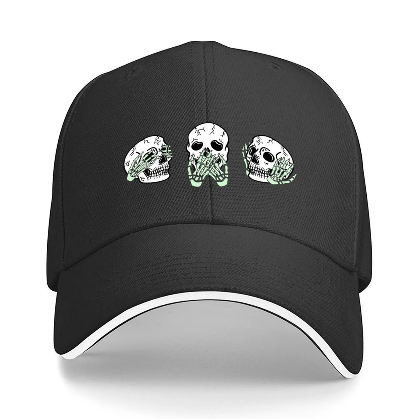 

Three Skull Faces with Green Skeleton Hands Covering Eyes, Mouth, and Ears, made by EndlessEmporium Baseball Cap