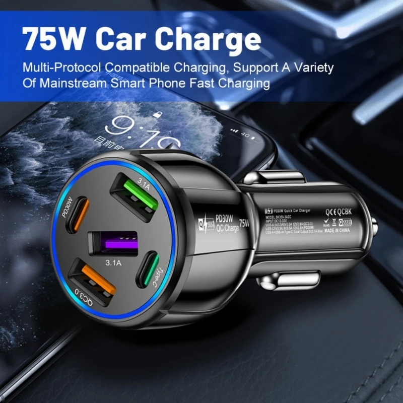 75W Super Fast Car 5-Port Type C USB Charging Adapter for Phones Tablets with QC3.0 and Type C PD30W Port