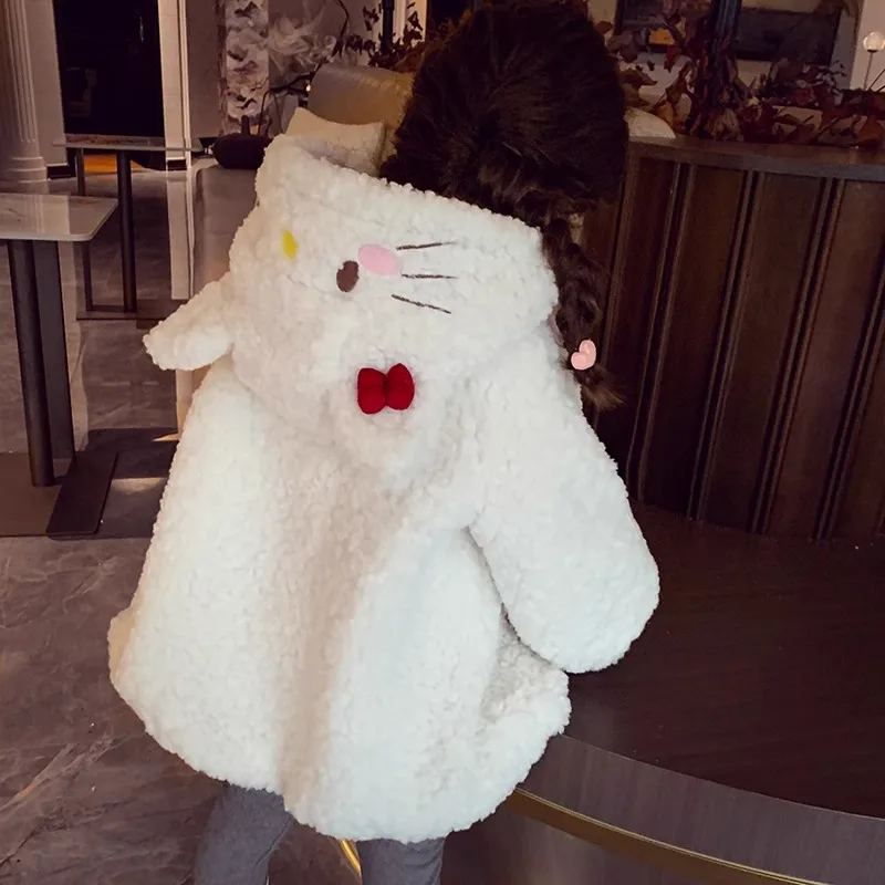 2024 New Hello Kitty Girls Cotton Cute Thermal Coat Winter Dress Girls Casual Hooded Cropped Jacket White Plush Top Gift