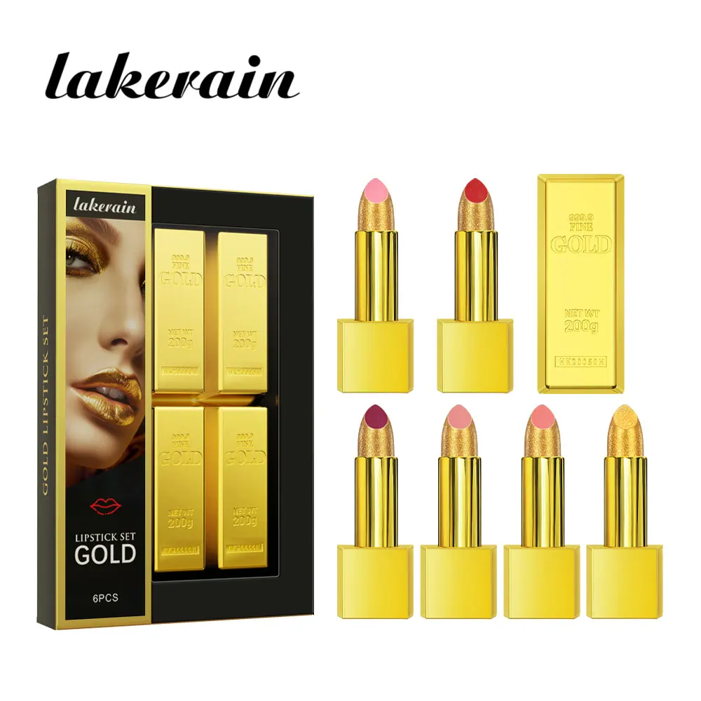 

New 6Pcs Gold Lipstick Matte Lipstick Set Waterproof Long Lasting Lip Glosses Non-Fading Makeup Cosmetic For Women