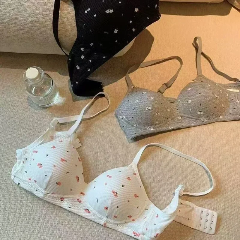 Korean Sweet Floral Thread Small Chest Gathered Bra Women's Breathable Anti Sagging Thin Brassier Skin Friendly Lingerie