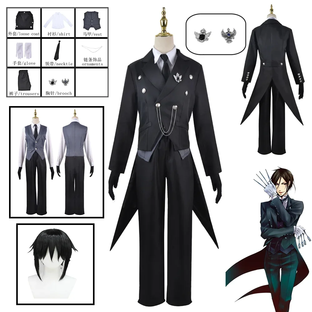 

Sebastian Michaelis Cosplay Anime Black Butler Sebastian Michaelis Wig Black Swallowtail Uniform With Gloves Halloween Outfits