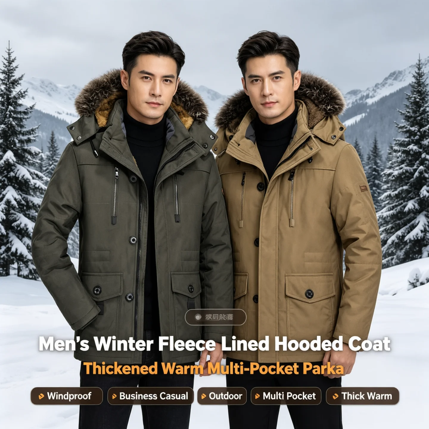 Winter New Men's Winter Jacket Fleece Lined Hooded Coat Thickened Warm Multi Pocket Business Casual Outdoor Jacket Parkas