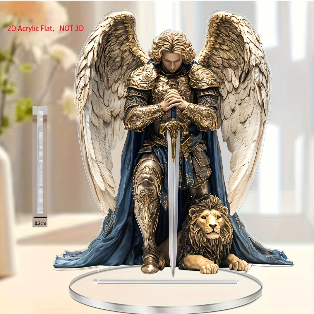 2D Elegant Michael Angel Acrylic Tabletop Ornament Religious Angel Design with Golden Armor Blue Cape Home Desktop Decor