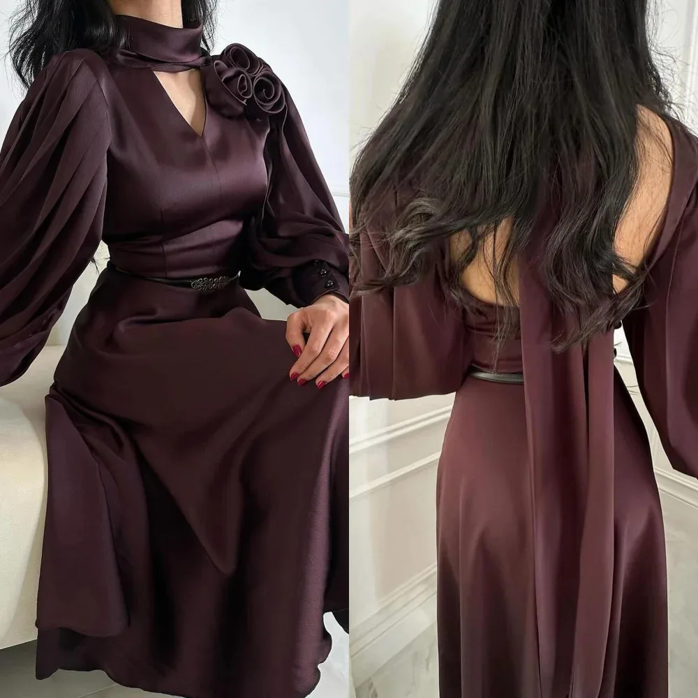 

Satin Flower Draped Pleat Clubbing A-line High Collar Bespoke Occasion Gown Long Sleeve Dresses Saudi Arabia