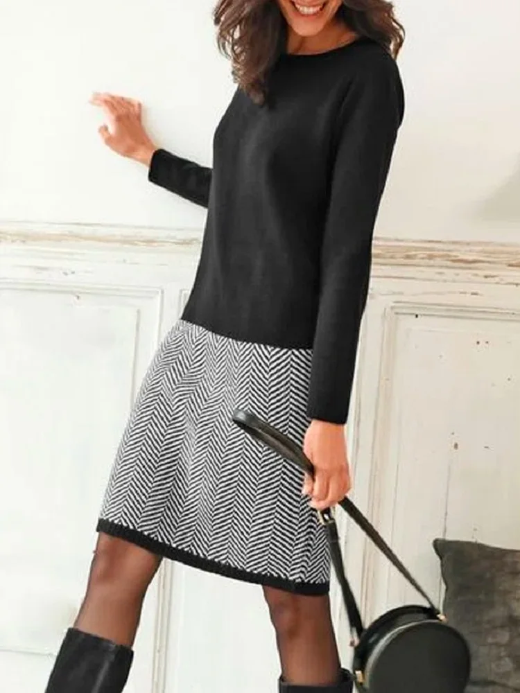 Women\'s Long Sleeve Solid Splicing Houndstooth Slim Bottoming Dress