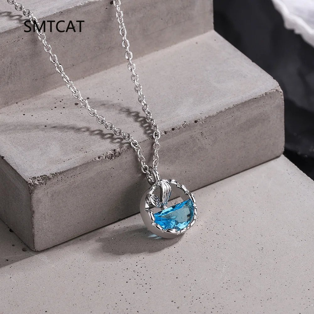 Half Round Natural Blue Topaz 925 Sterling Silver Ocean Fishtail Pendant Necklace for Woman Gemstone Jewelry Colar de Prata