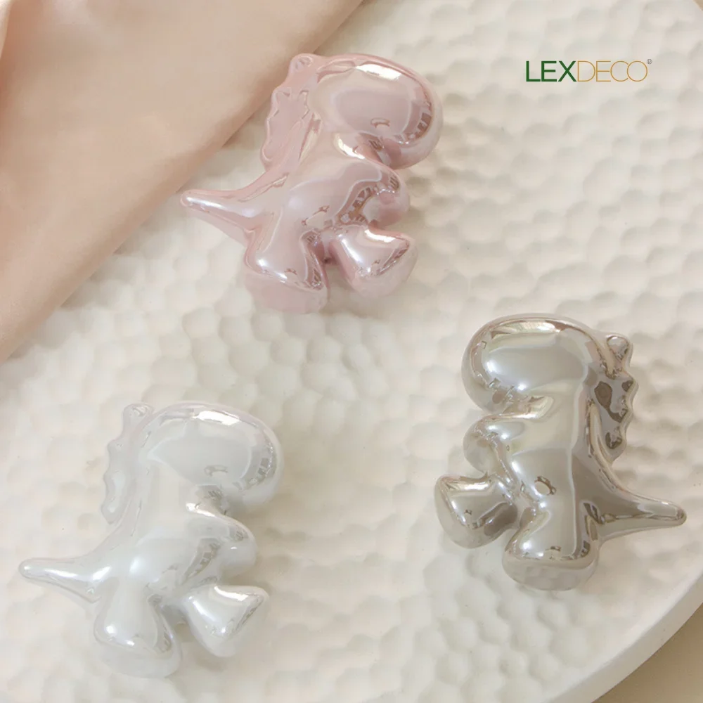 

2 PACK Dinosaur Ceramic Knobs - Smooth Cartoon Handles in 3 Colors (Pink/White/Clear)-LEXDECO