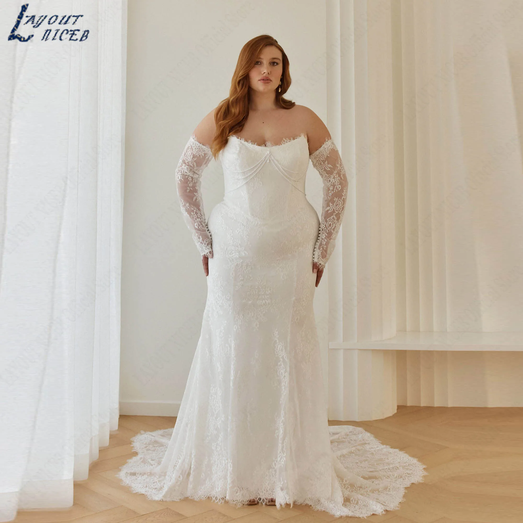 Mermaid Lace Wedding Dress with Pearl Beading Strapless Elegant Bridal Gowns 3/4 Sleeves Romantic vestidos de novia Customized