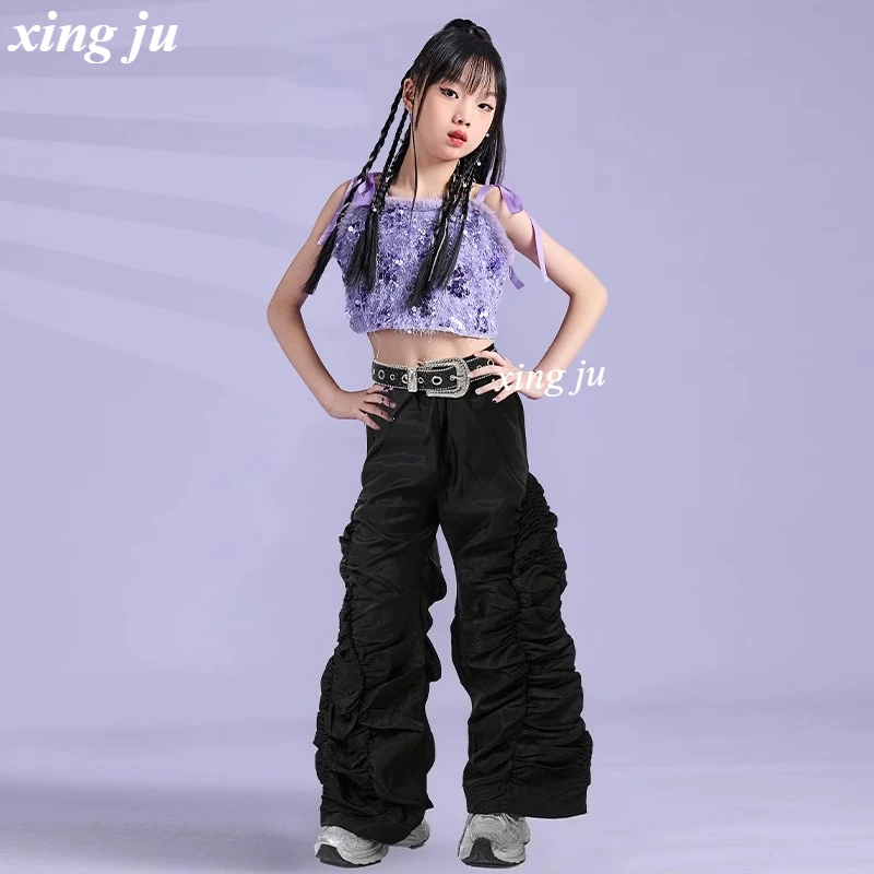 Girls Jazz Dance Outfit Sweet Purple Sling Tops Black Pants Hip Hop Costume Kids Street Performance Clothes Childrens Stage Wear