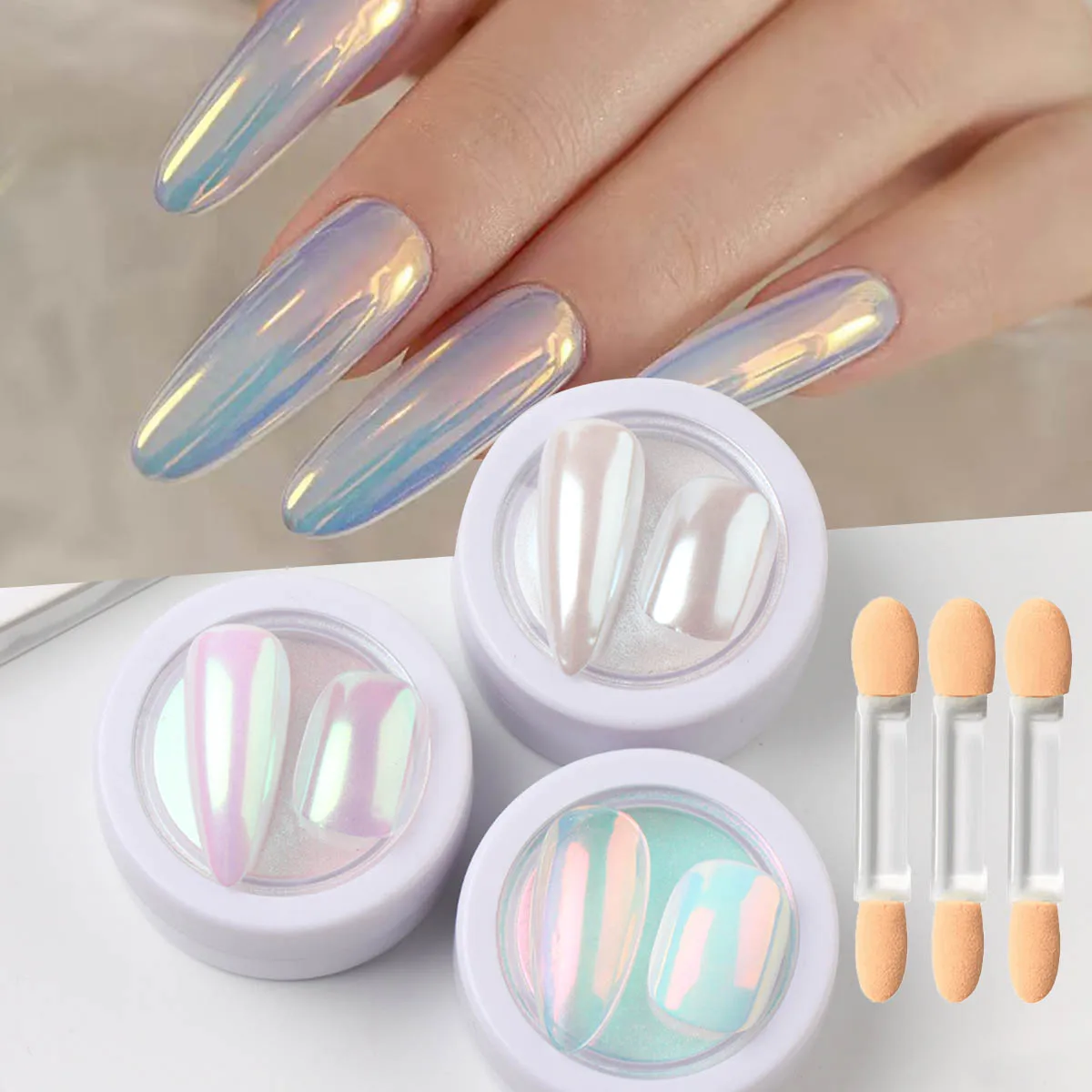 3 Box Aurora Chrome Nail Powder Neon Aurora White Purple Color Pearl Nail Glitter Metallic Mirror Mermaid Effect Powder