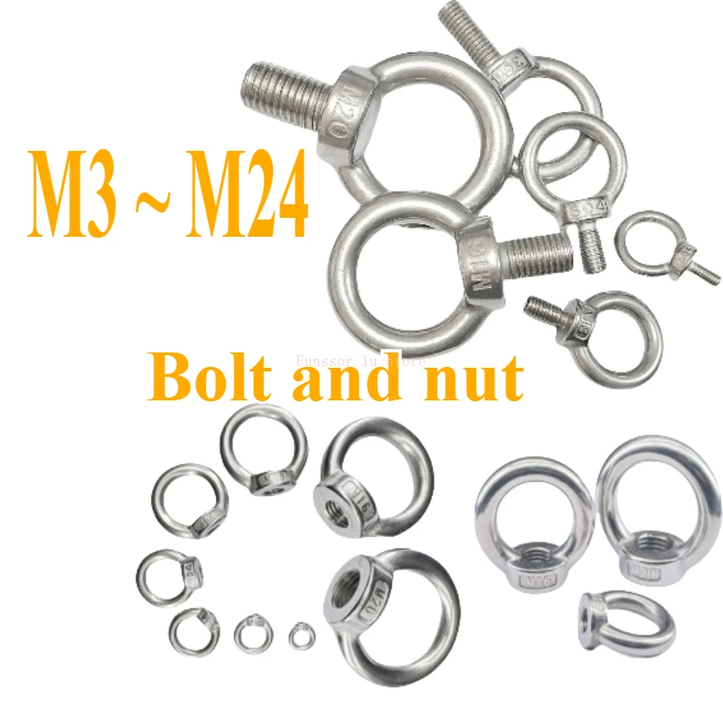 1-10Pcs Eye Bolt Nuts M3~M24 Length 9mm-80mm 304 Stainless Steel Lifting Eye Screw Ring Hooking Loop Hole for Cable Rope