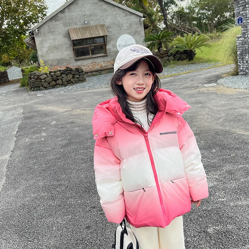 Winter new Korean version medium long fashionable gradient color blocked hooded thick and warm children's down jacket