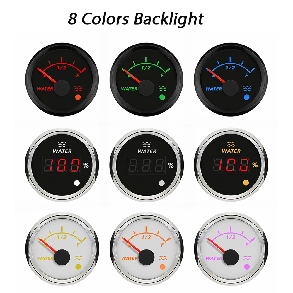 Marine 52mm Water Level Gauge Meter 0-190ohm 240-33ohm with 8 Colors Backlight and Alarm for Car Truck Boat 9-32V