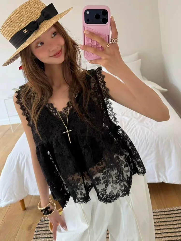 Sexy Lace Hollow out Design V-Neck Strapless Crop Top for Women Summer Loose Fit Outerwear Short Length A-Line Wide Shoulder