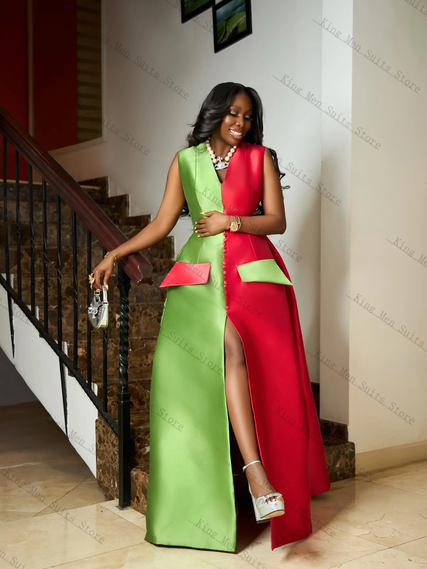 

Shiny Satin Women Suit 1 Pcs Long Blazer Prom Dress Red Green Pocket Customized Formal Guest Wedding Tuxedos Party Coat Jacket