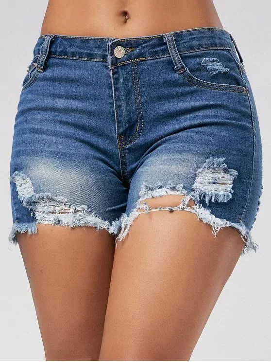 Ripped Fringe Denim Shorts For Women Dark Blue Jeans Shorts view 2
