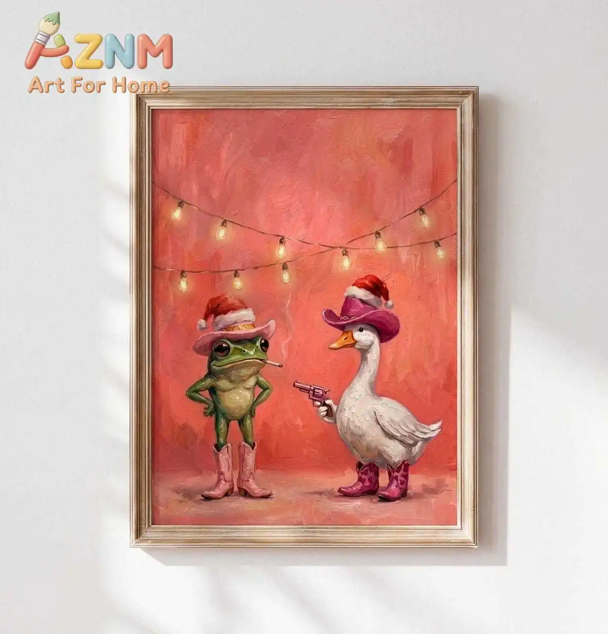 Funny Christmas Wall Art Poster Cowboy Frog Duck Canvas Print, Weird Western Holiday Decor Maximalist Poster for Bedroom Decor