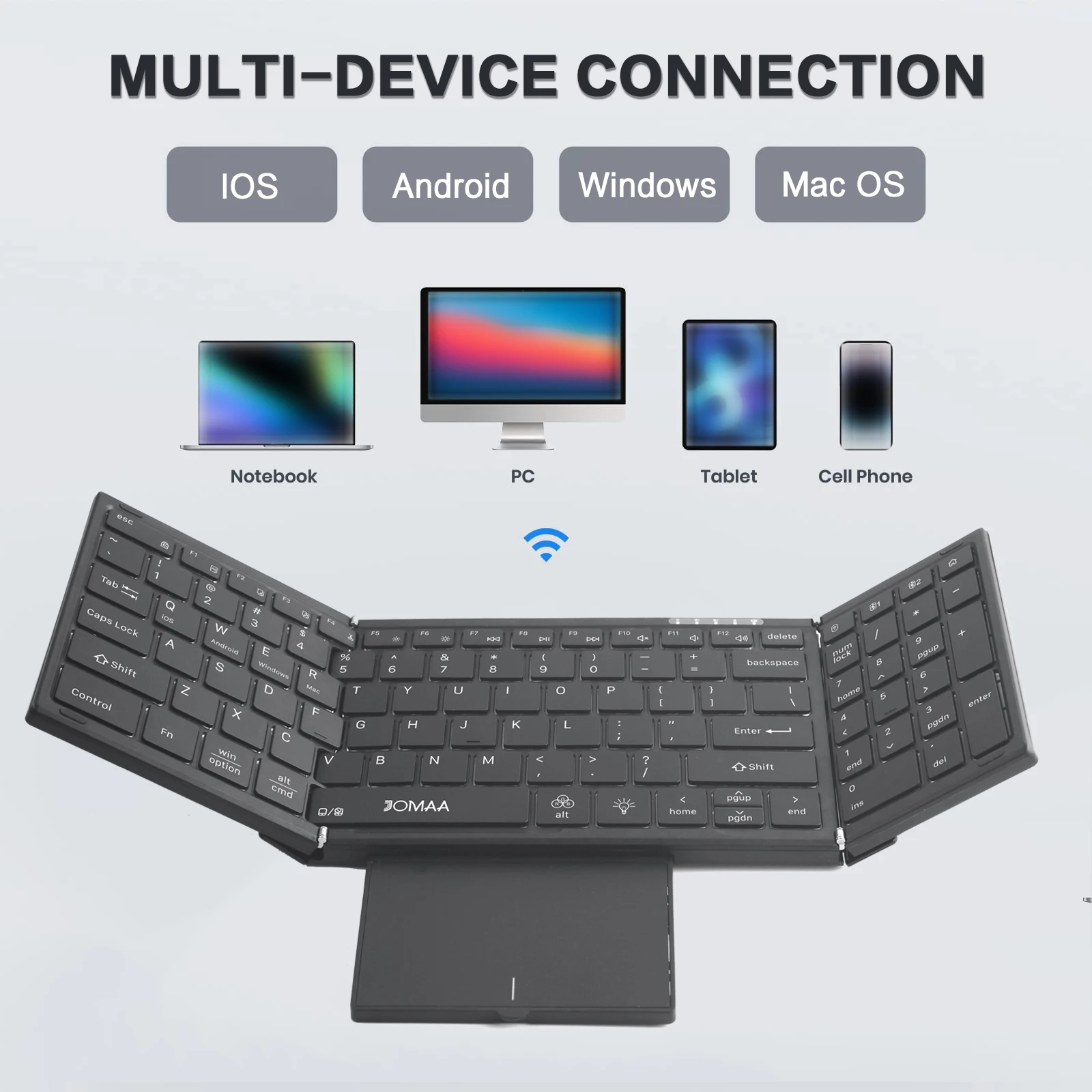 JOMAA بلوتوث + USB لوحة مفاتيح لاسلكية قابلة للطي مع لوحة اللمس ولوحة المفاتيح الرقمية القابلة لإعادة الشحن RGB الخلفية لوحة المفاتيح القابلة للطي بالحجم الكامل