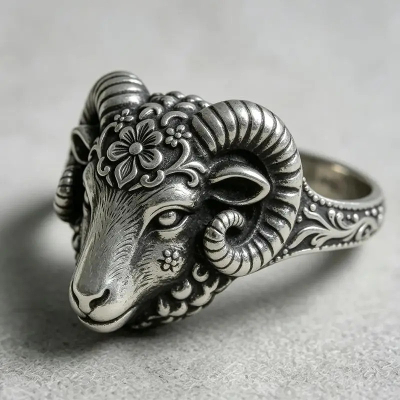 Vintage Silvery Ram Head Ring, Carved Flower Aries Ring, Gothic Animal Punk Jewelry, Dainty Gift for Men Women Party Accessories