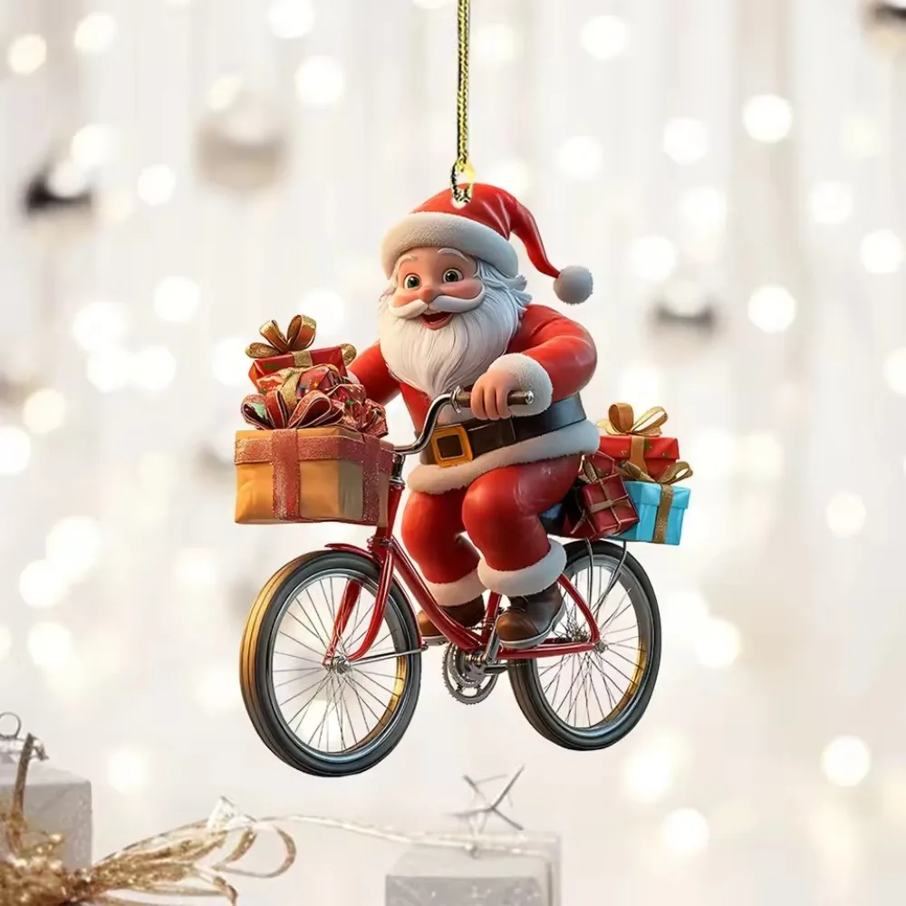 

2d Acrylic Winter Decorative Hanging Cartoon Santa Claus Bicycle Gifts Christmas Pendants Christmas Tree Decoration