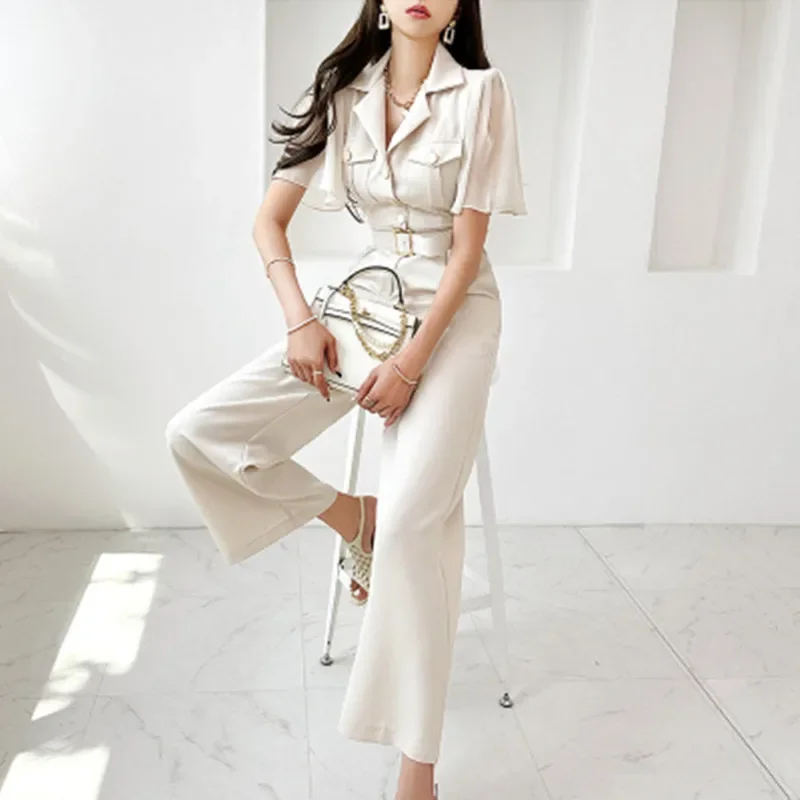 New Korean Temperament Slim Waist Summer Jumpsuits Women Stylish Suit Collar Short Sleeves Pocket Wide Leg Jumpsuit