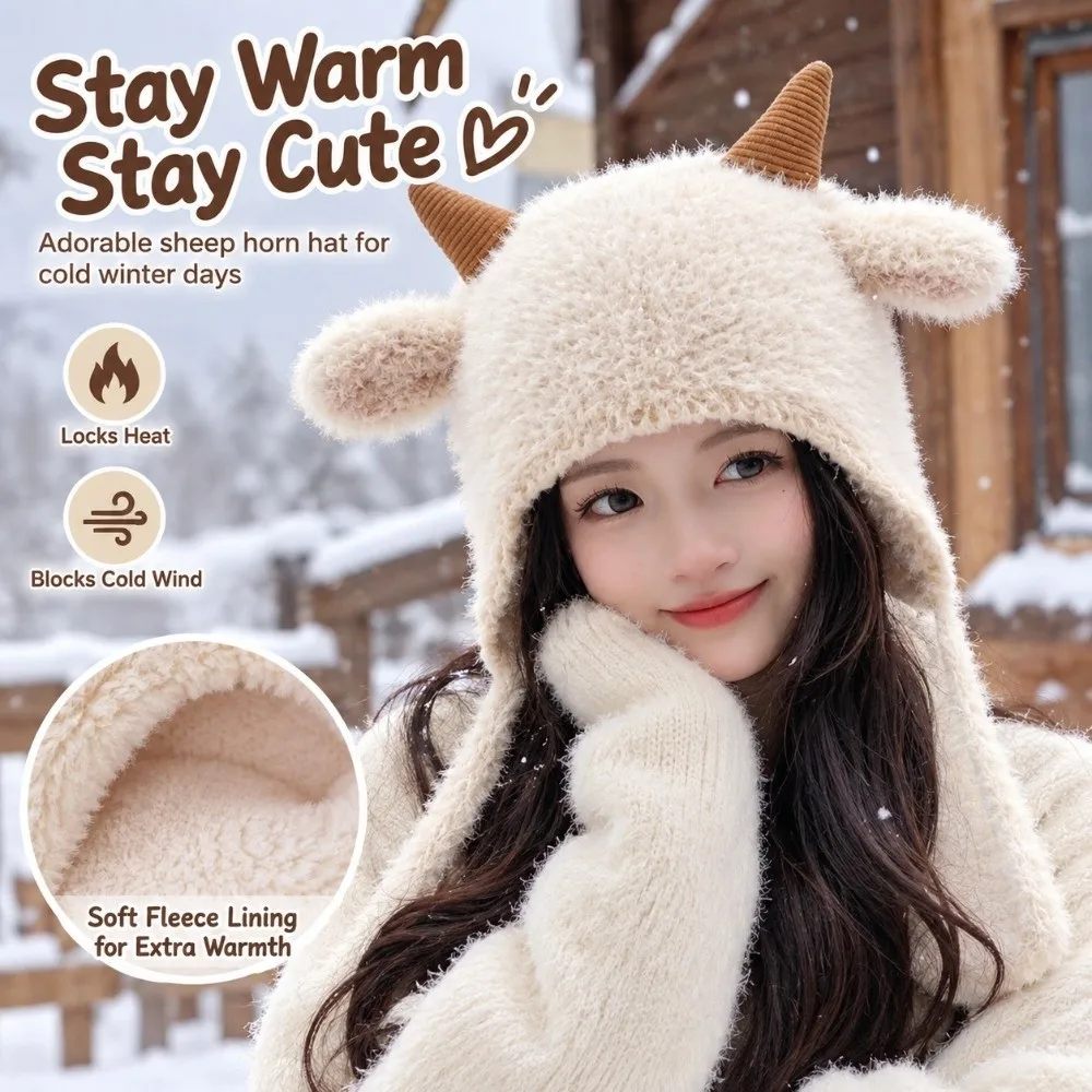 Cute Knitted Hat Fleece Lined Korean Style Pullover Hat Wind Proof Sheep Horn Hat Daily Outing