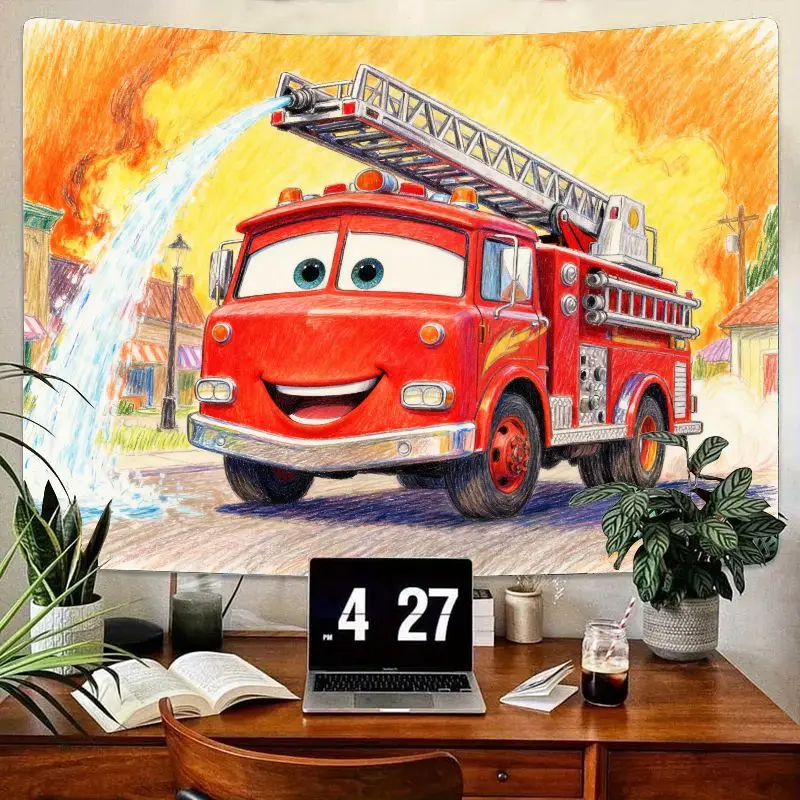 

1 шт., гобелен с изображением пожарной машины, улыбающаяся пожарная машина, настенное искусство с распылением воды, полиэстер, декор детской комнаты, подарок на день рождения для мальчиков